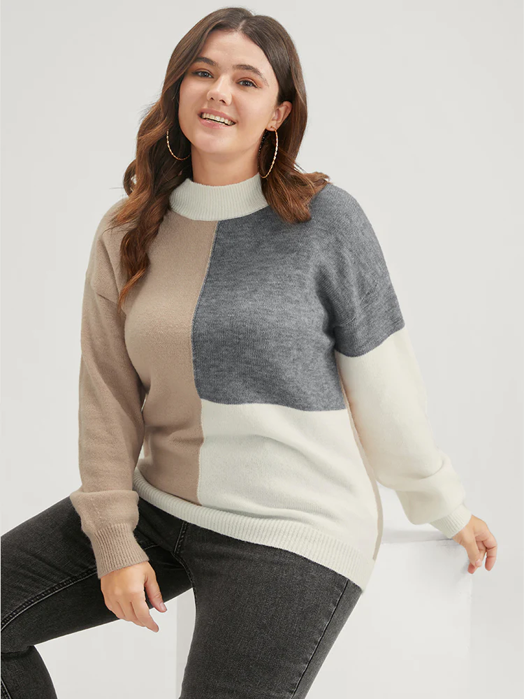 Colorblock Contrast Pointelle Knit Heather Mock Neck Knit Top - Image 2