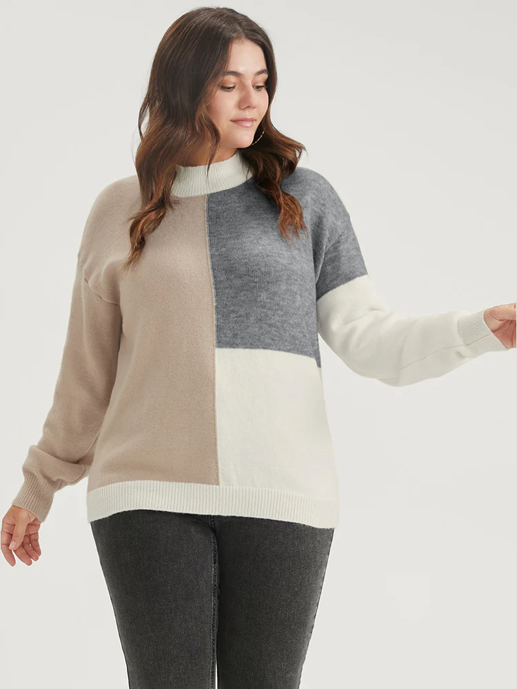 Colorblock Contrast Pointelle Knit Heather Mock Neck Knit Top - Image 3