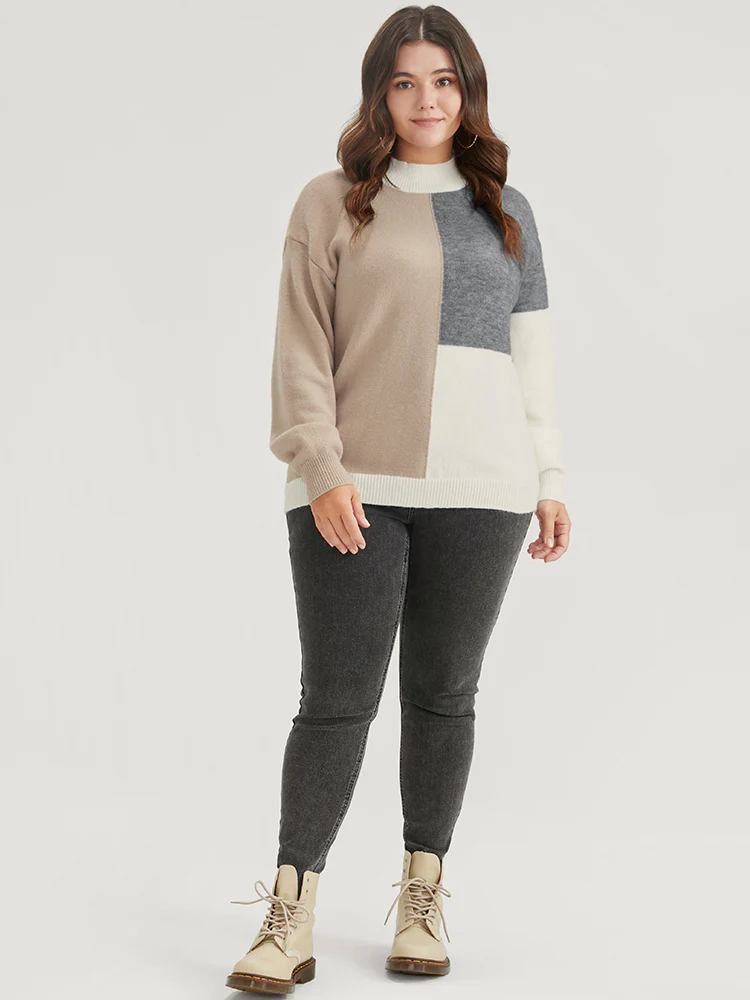 Colorblock Contrast Pointelle Knit Heather Mock Neck Knit Top - Image 4
