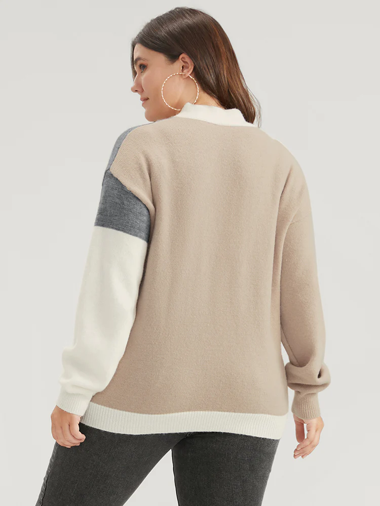 Colorblock Contrast Pointelle Knit Heather Mock Neck Knit Top - Image 5