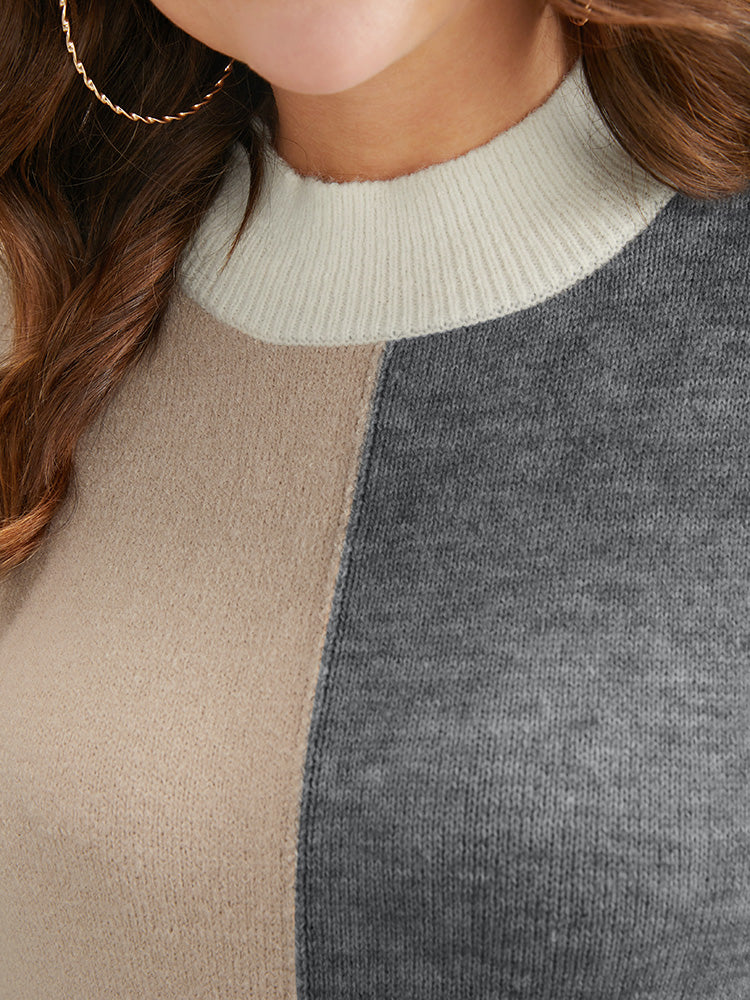 Colorblock Contrast Pointelle Knit Heather Mock Neck Knit Top - Image 6