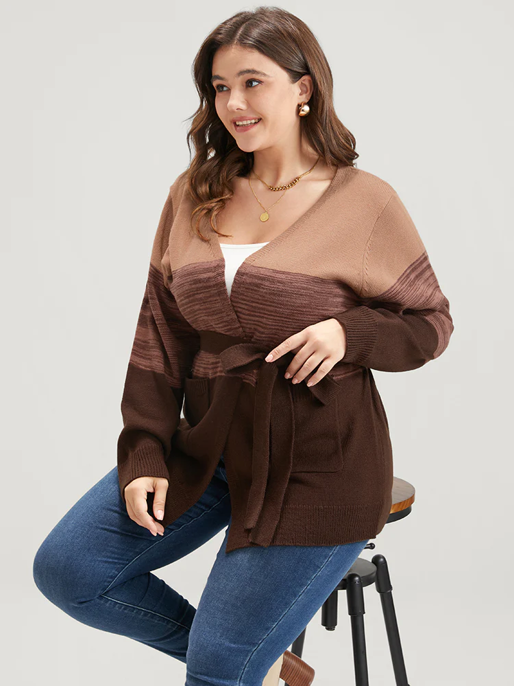 Colorblock Contrast Pointelle Knit Pocket Belted Open Front Cardigan - Image 2