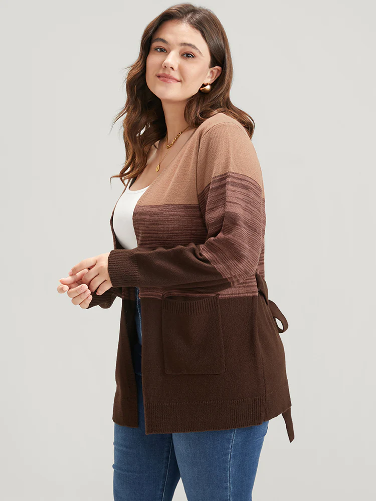 Colorblock Contrast Pointelle Knit Pocket Belted Open Front Cardigan - Image 3