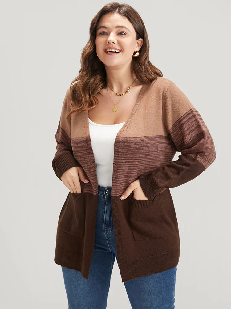 Colorblock Contrast Pointelle Knit Pocket Belted Open Front Cardigan - Image 4
