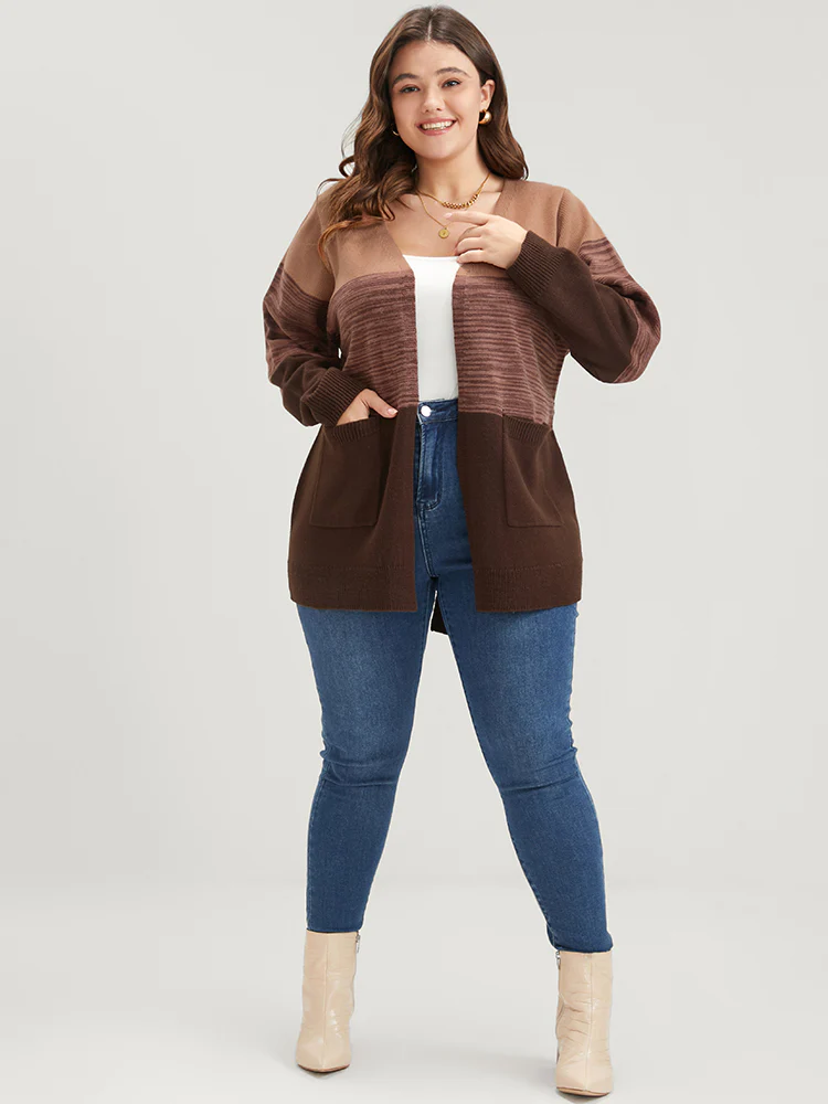 Colorblock Contrast Pointelle Knit Pocket Belted Open Front Cardigan - Image 5