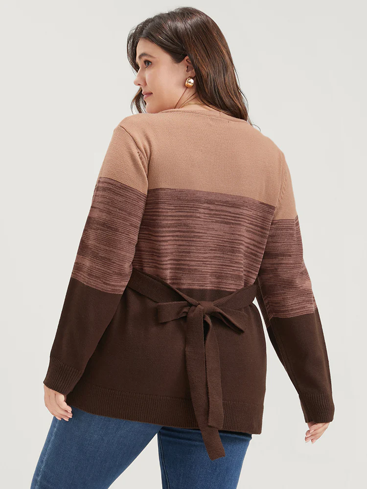 Colorblock Contrast Pointelle Knit Pocket Belted Open Front Cardigan - Image 6