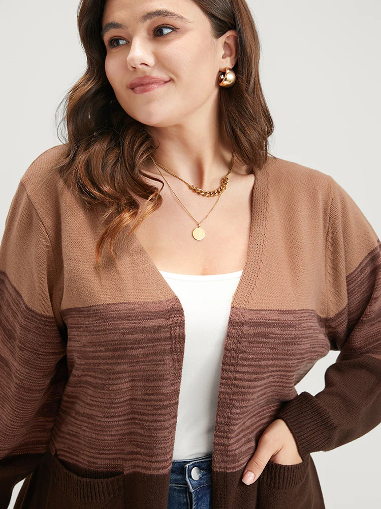 Colorblock Contrast Pointelle Knit Pocket Belted Open Front Cardigan - Image 7
