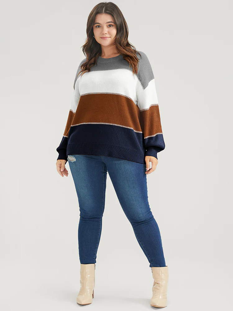 Colorblock Contrast Pointelle Knit Round Neck Knit Top - Image 2
