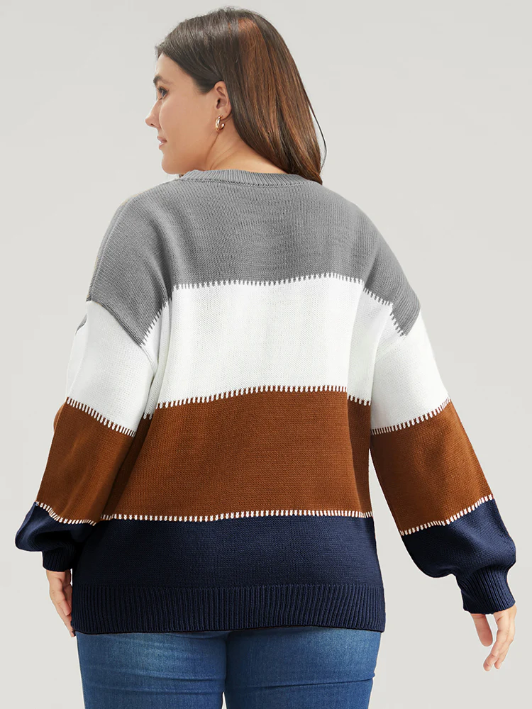 Colorblock Contrast Pointelle Knit Round Neck Knit Top - Image 3