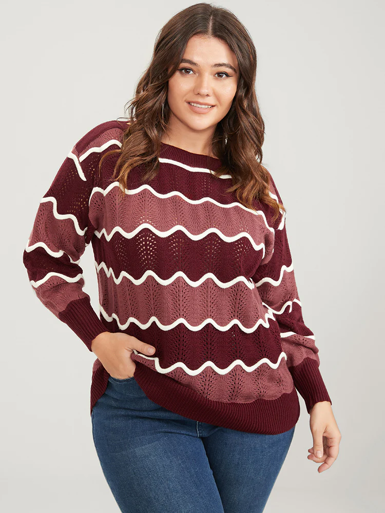 Colorblock Contrast Pointelle Knit Water Ripple Knit Top - Image 2