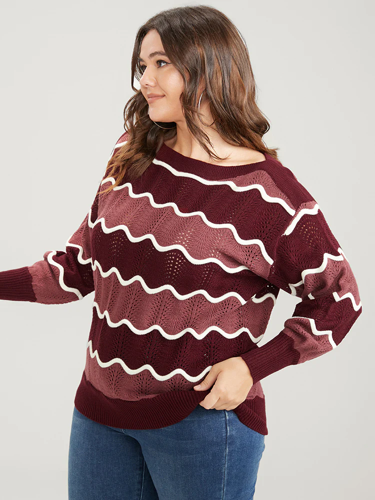Colorblock Contrast Pointelle Knit Water Ripple Knit Top - Image 3