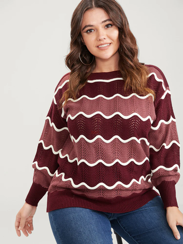 Colorblock Contrast Pointelle Knit Water Ripple Knit Top - Image 4