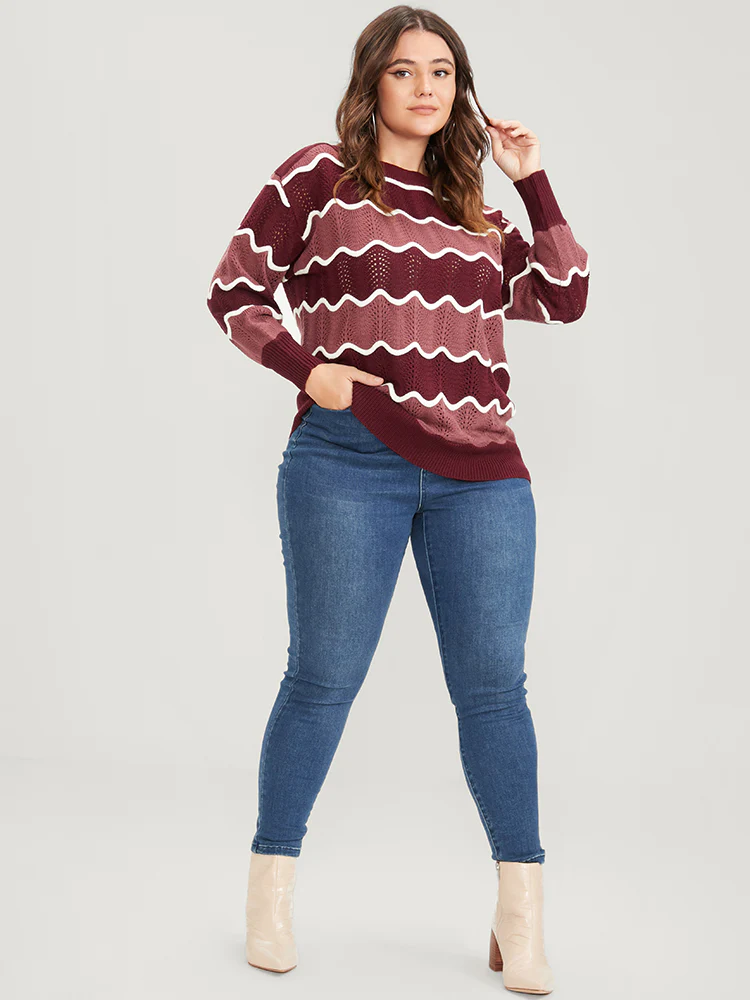 Colorblock Contrast Pointelle Knit Water Ripple Knit Top - Image 5