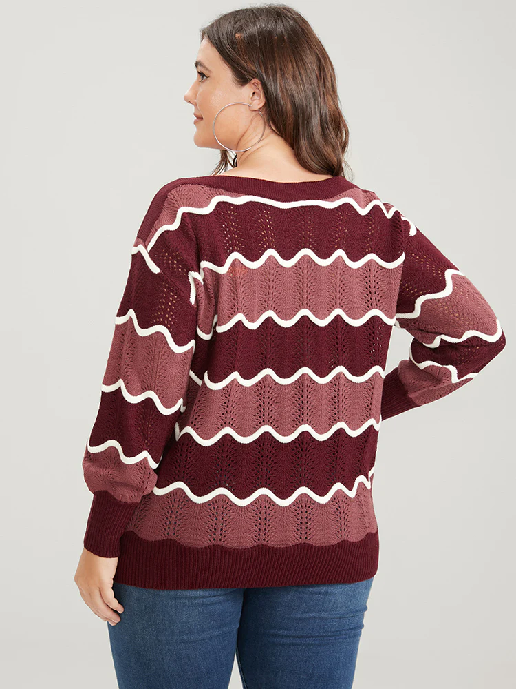 Colorblock Contrast Pointelle Knit Water Ripple Knit Top - Image 6