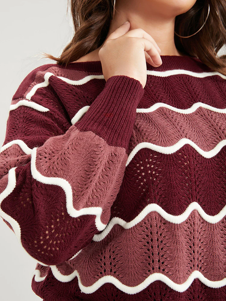 Colorblock Contrast Pointelle Knit Water Ripple Knit Top - Image 7