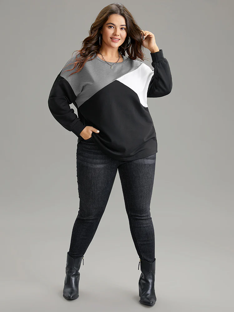 Colorblock Contrast Round Neck Drop Shoulder Sweatshirt - Image 10