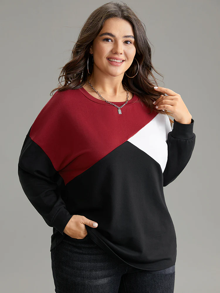 Colorblock Contrast Round Neck Drop Shoulder Sweatshirt - Image 3
