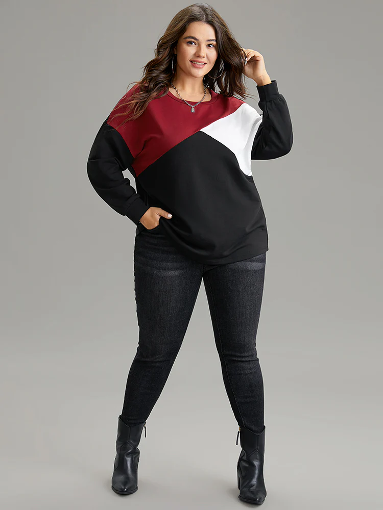 Colorblock Contrast Round Neck Drop Shoulder Sweatshirt - Image 4
