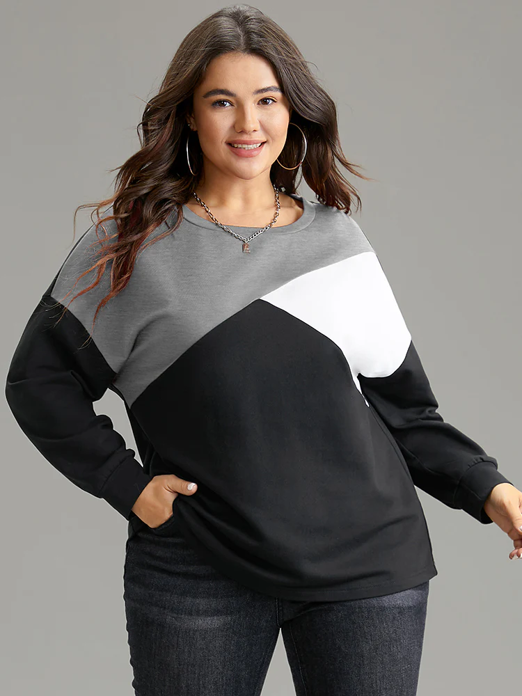 Colorblock Contrast Round Neck Drop Shoulder Sweatshirt - Image 7