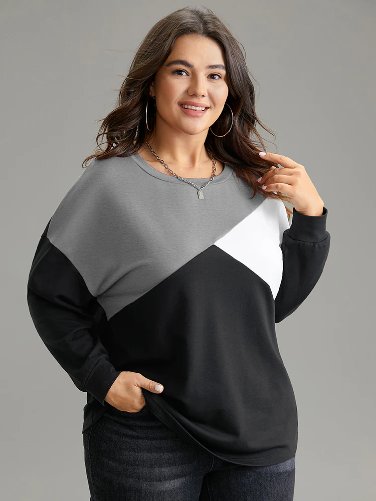 Colorblock Contrast Round Neck Drop Shoulder Sweatshirt - Image 9