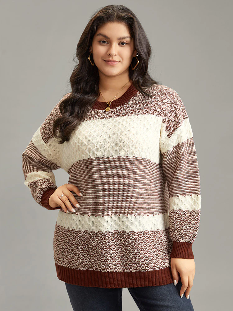 Colorblock Contrast Round Neck Elastic Cuffs Pullover