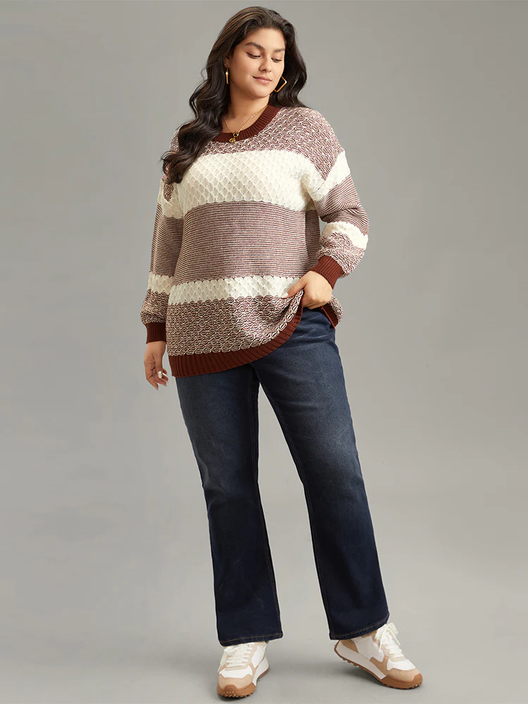 Colorblock Contrast Round Neck Elastic Cuffs Pullover - Image 3