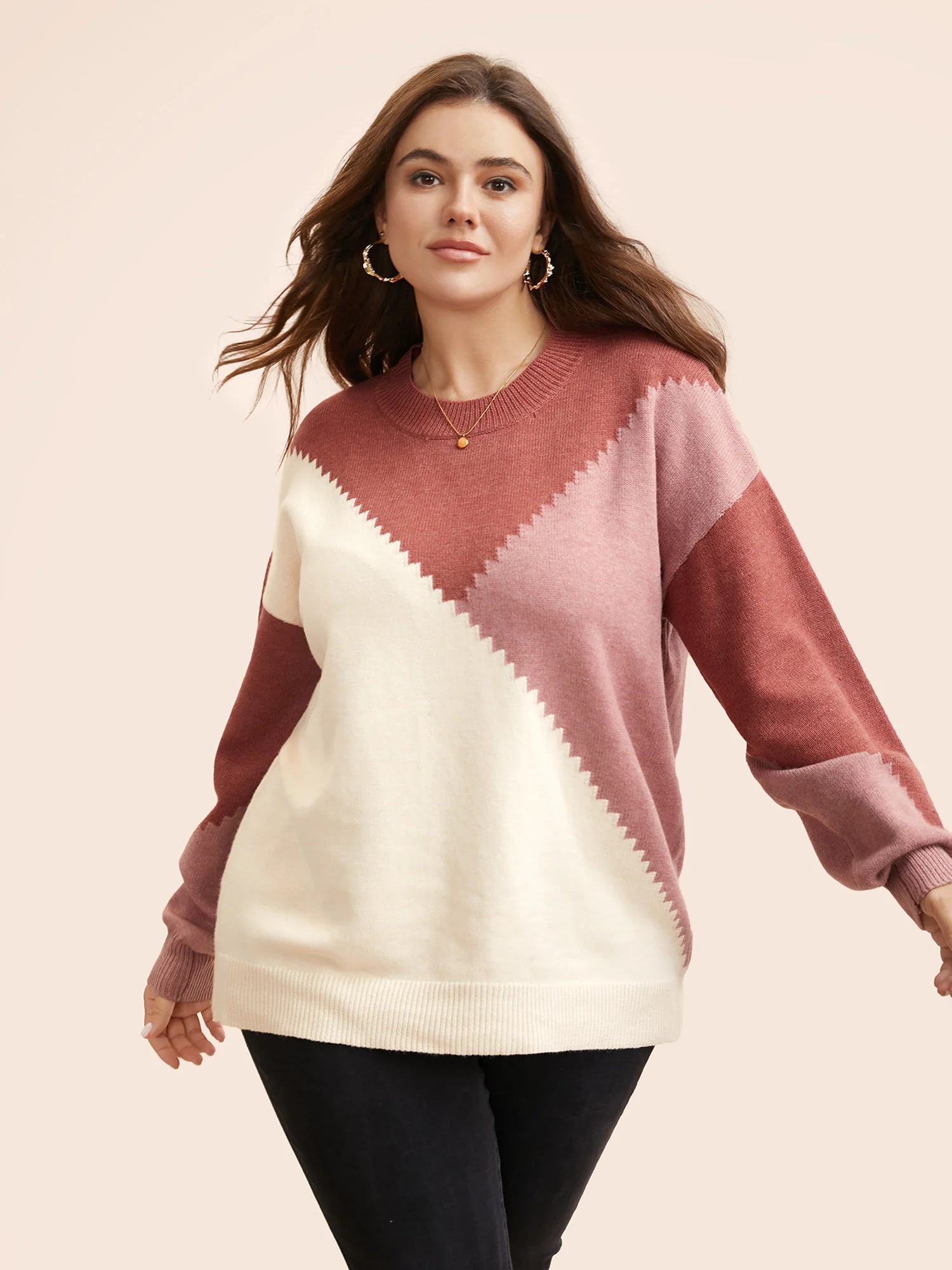 Colorblock Contrast Round Neck Pullover - Image 3
