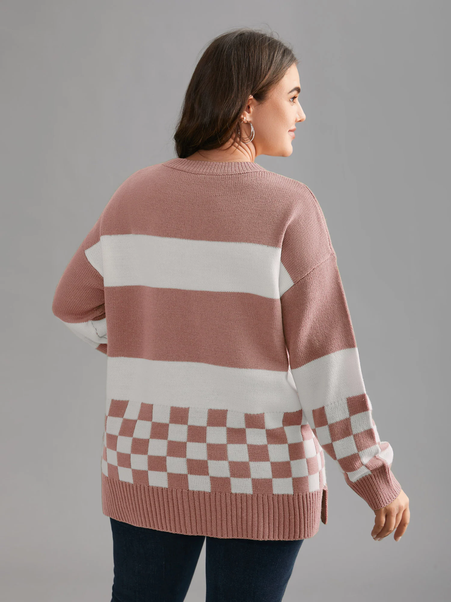 Colorblock Contrast Round Neck Split Hem Pullover - Image 2
