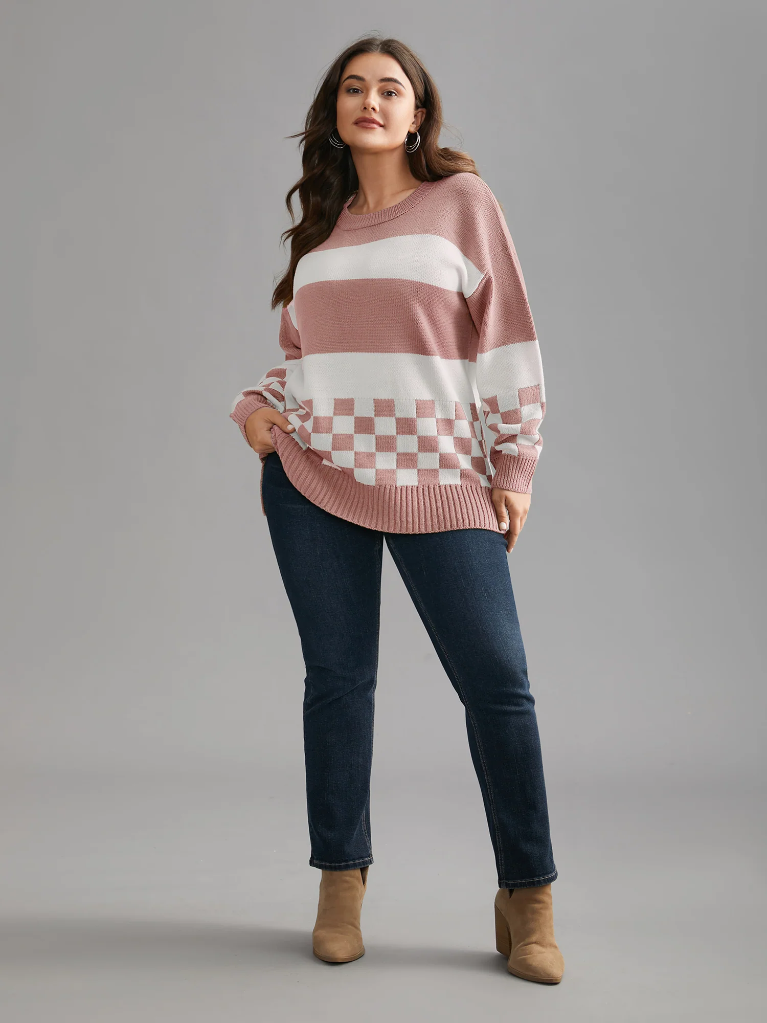 Colorblock Contrast Round Neck Split Hem Pullover - Image 3