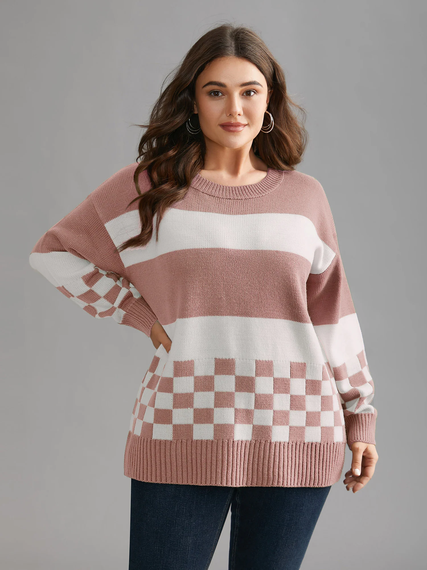 Colorblock Contrast Round Neck Split Hem Pullover - Image 4