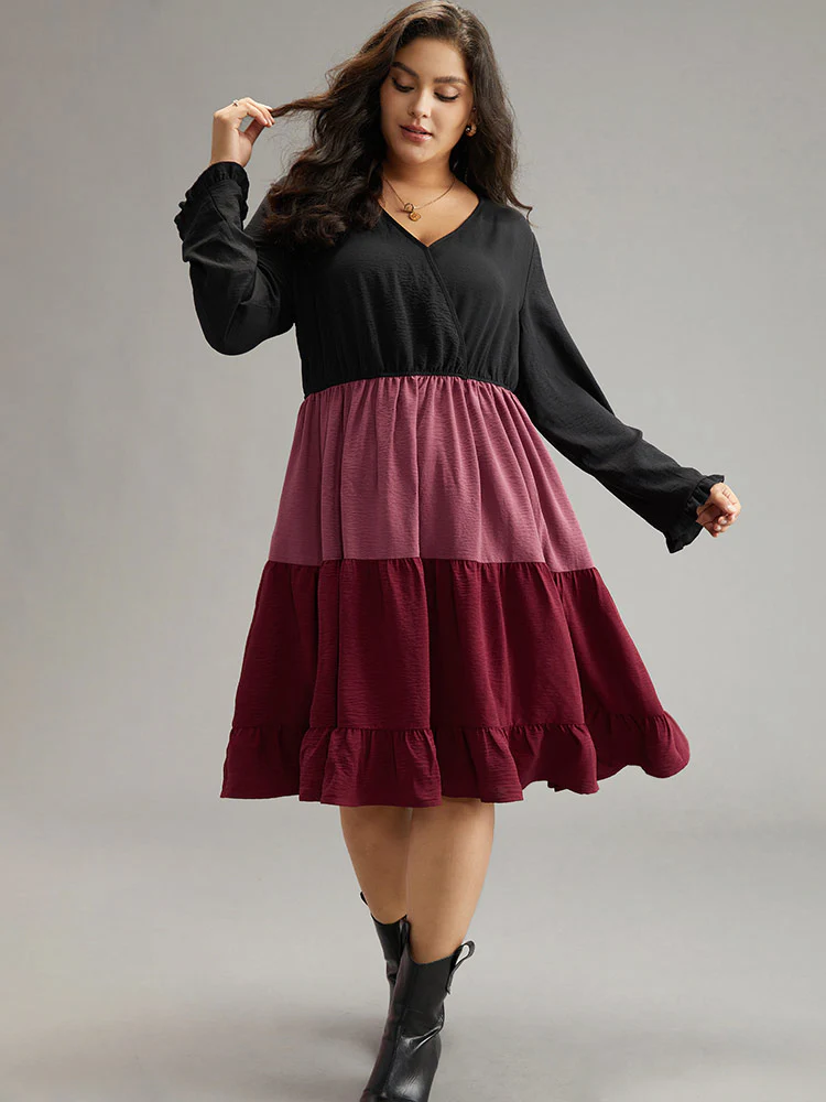 Colorblock Contrast Ruffle Layered Hem Dress - Image 2