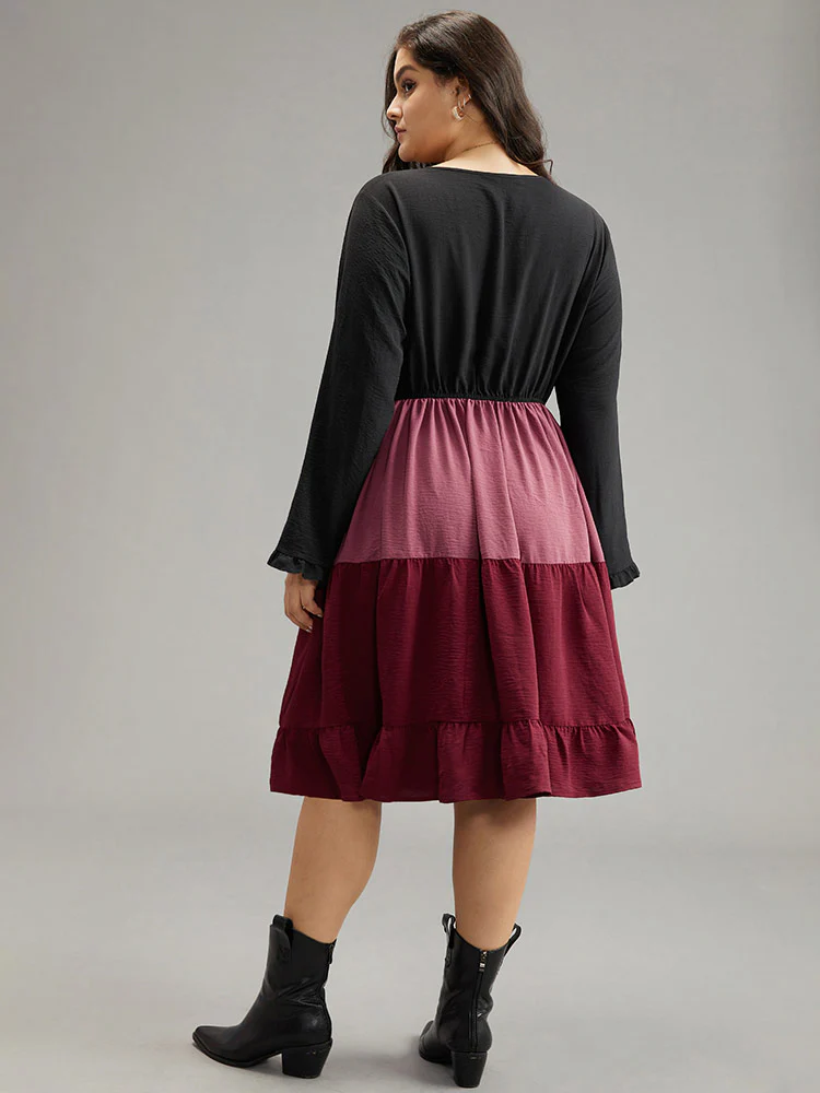 Colorblock Contrast Ruffle Layered Hem Dress - Image 3