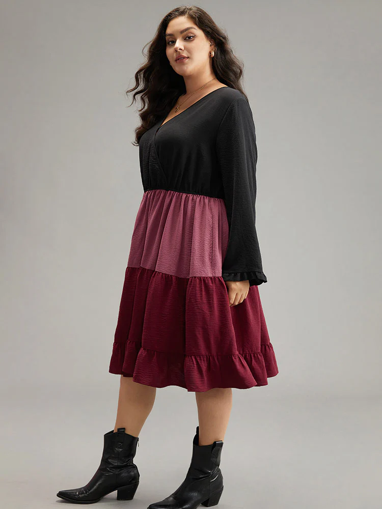 Colorblock Contrast Ruffle Layered Hem Dress - Image 4