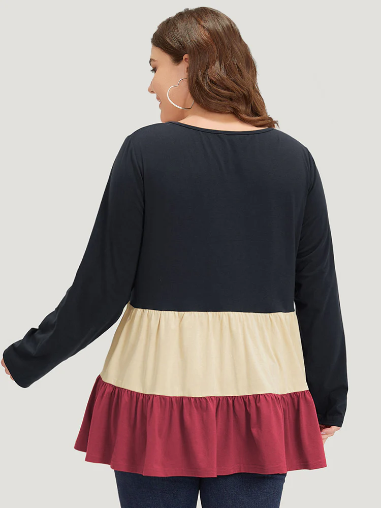 Colorblock Contrast Ruffle Layered Hem T-shirt - Image 2