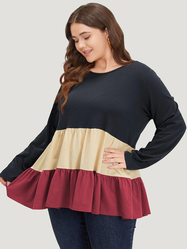 Colorblock Contrast Ruffle Layered Hem T-shirt - Image 3