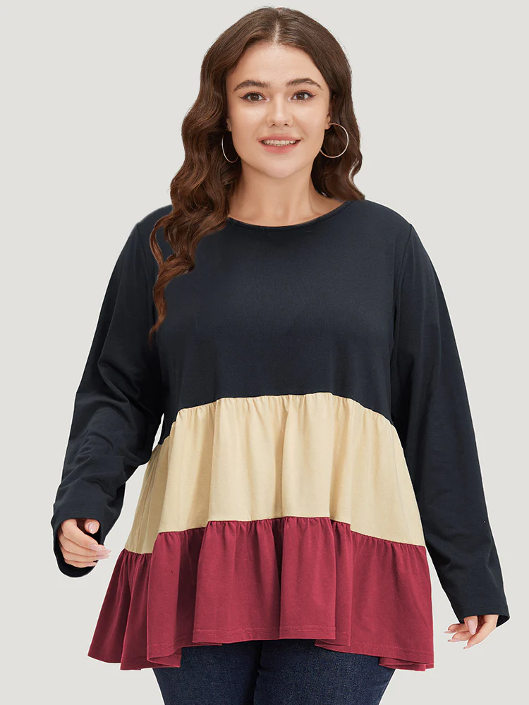 Colorblock Contrast Ruffle Layered Hem T-shirt - Image 4