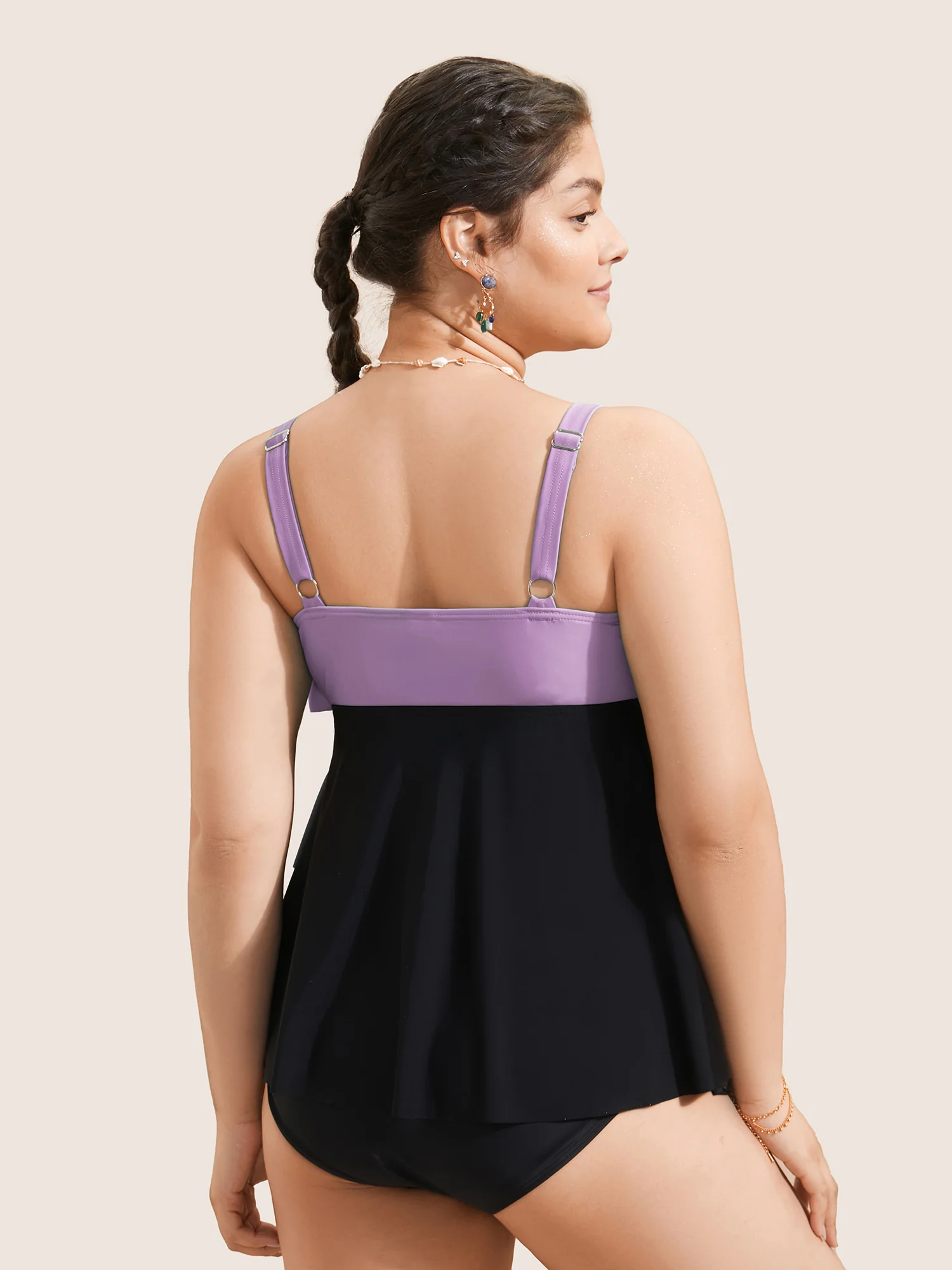 Colorblock Contrast Ruffle Layered Hem Tankini Top - Image 2