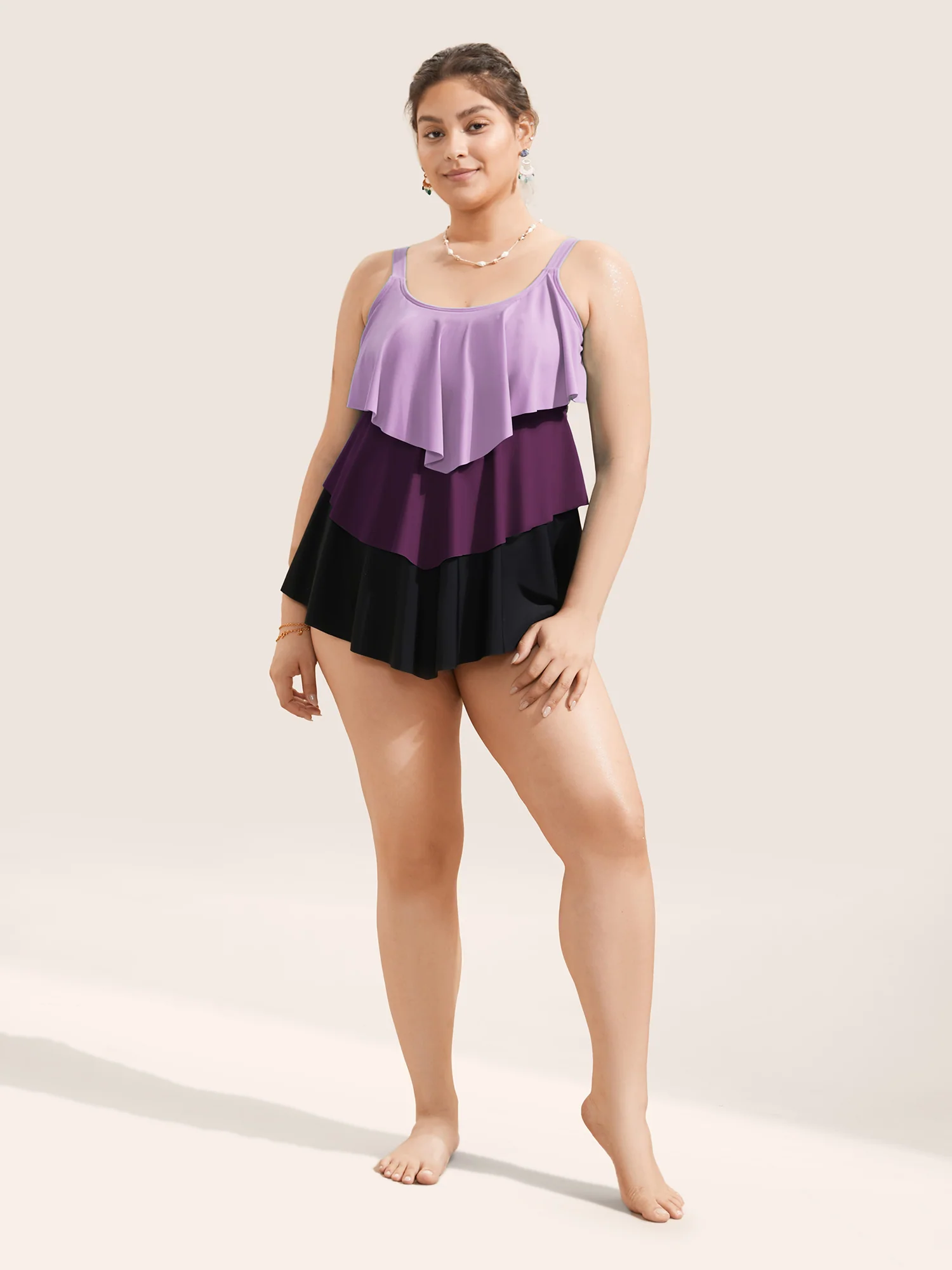 Colorblock Contrast Ruffle Layered Hem Tankini Top - Image 4