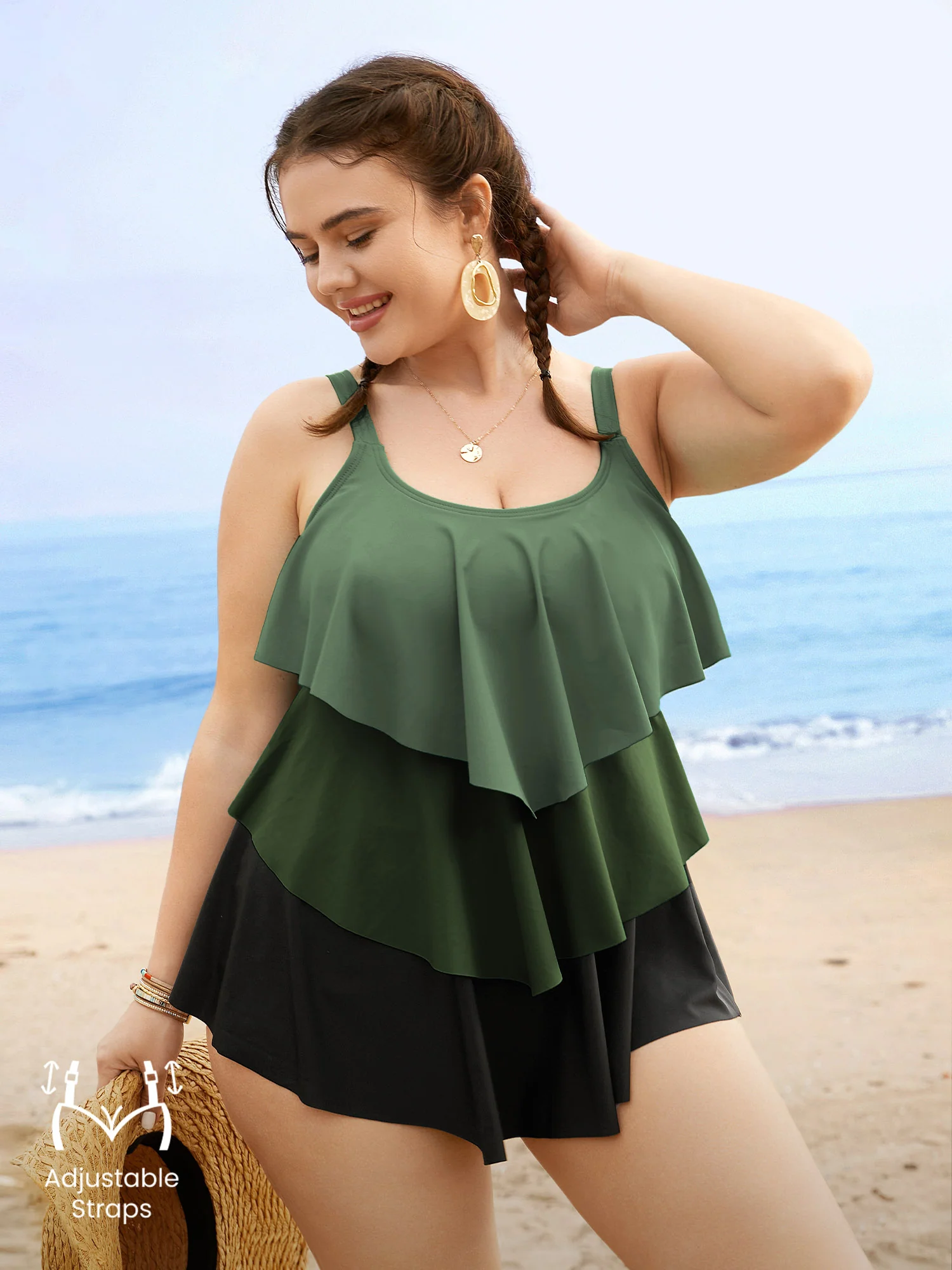 Colorblock Contrast Ruffle Layered Hem Tankini Top - Image 5
