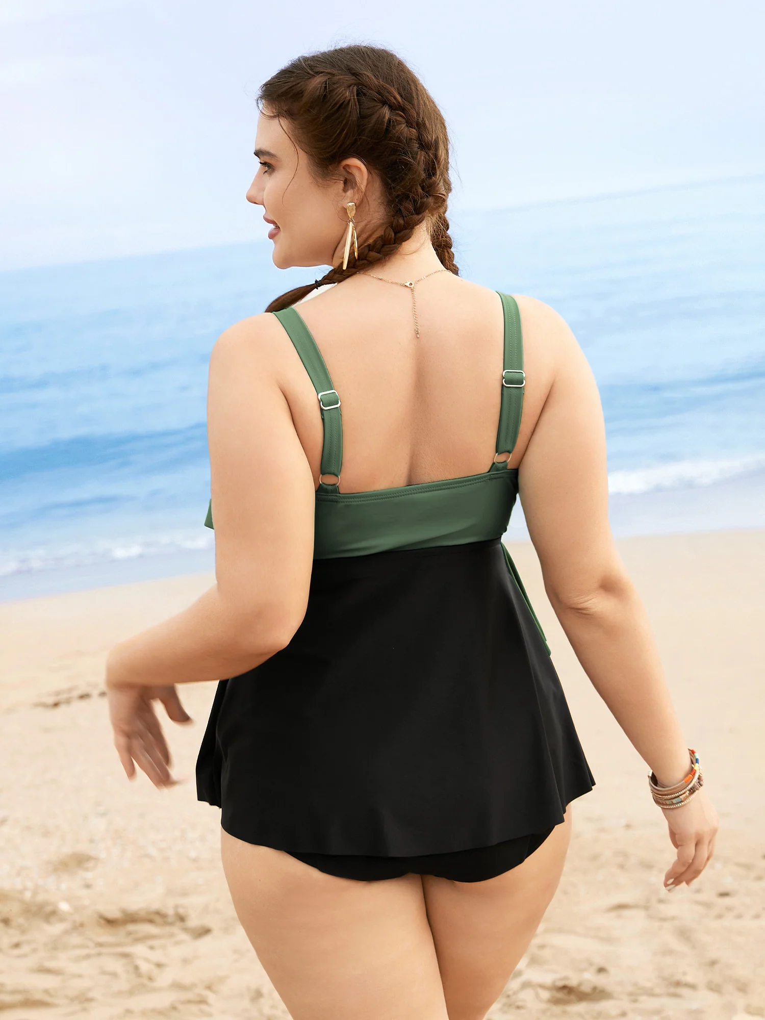 Colorblock Contrast Ruffle Layered Hem Tankini Top - Image 6