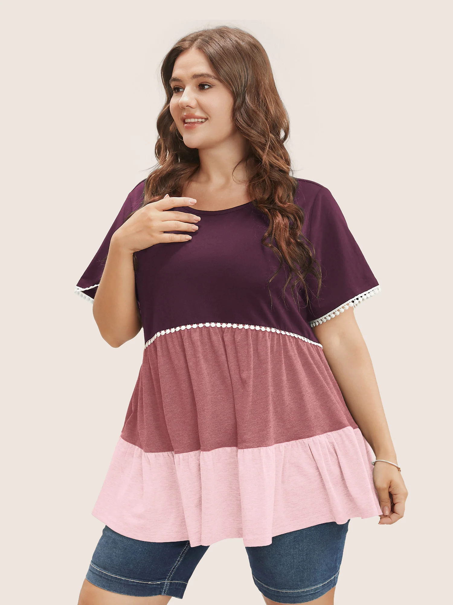 Colorblock Contrast Ruffle Tiered T-shirt - Image 2