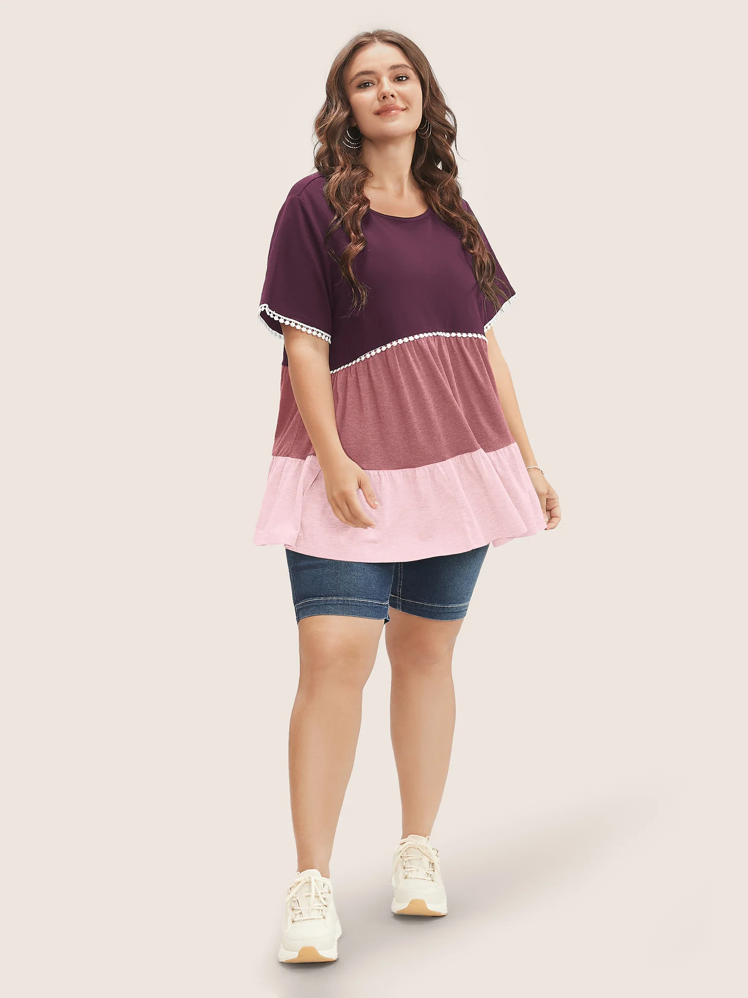 Colorblock Contrast Ruffle Tiered T-shirt - Image 4