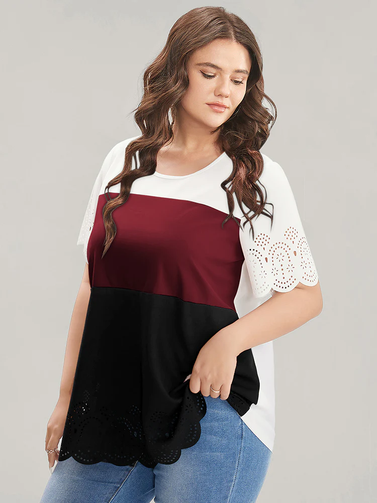 Colorblock Contrast Scalloped Trim Laser Cut Crew Neck T-shirt - Image 2