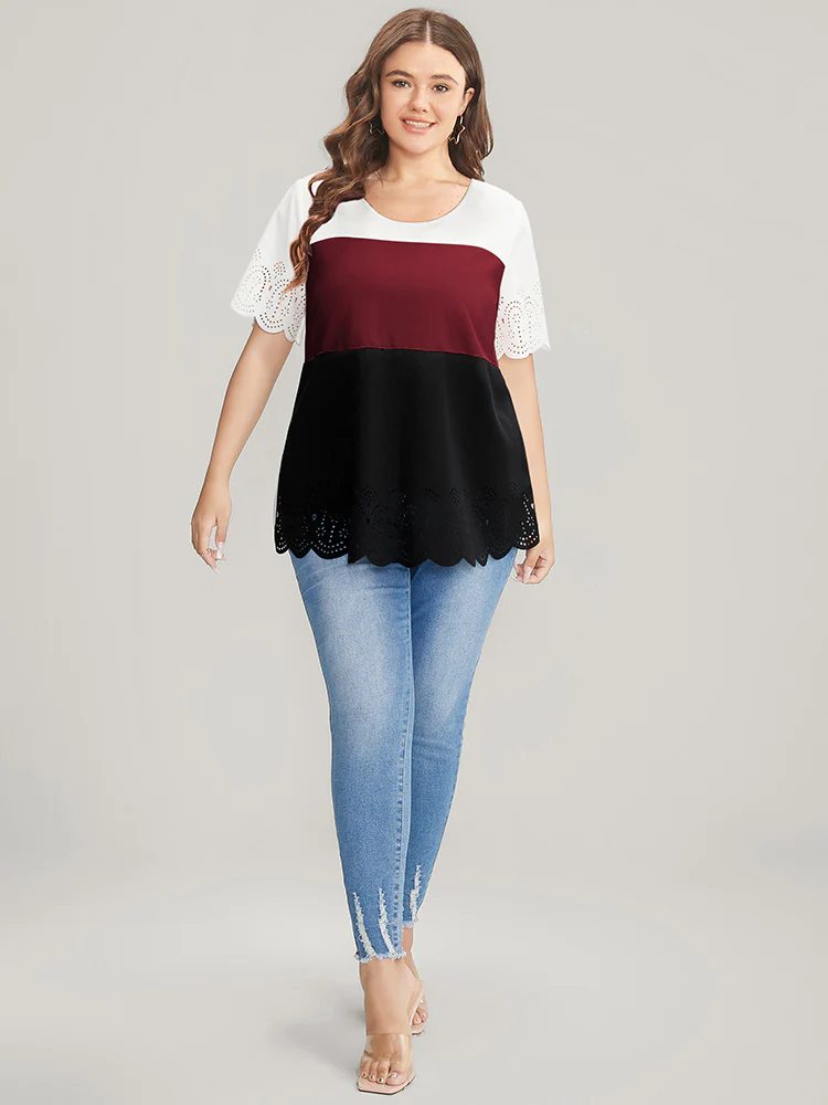 Colorblock Contrast Scalloped Trim Laser Cut Crew Neck T-shirt - Image 3
