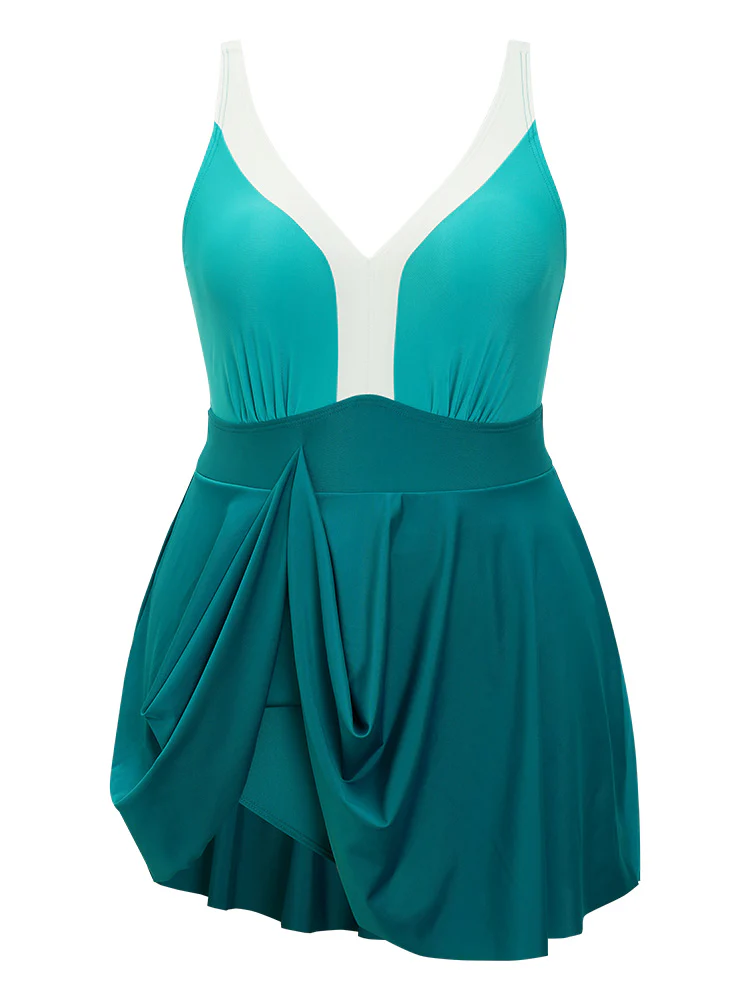 Colorblock Contrast Sculpt Waist Ruffle Hem Gathered Swim Dress - Image 11