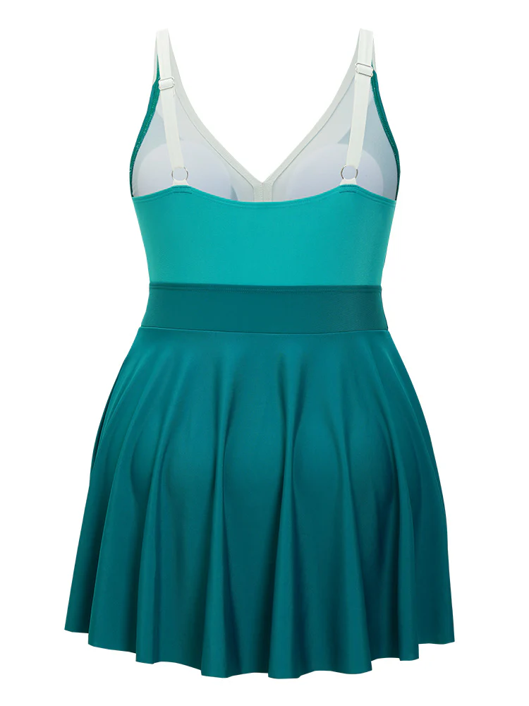 Colorblock Contrast Sculpt Waist Ruffle Hem Gathered Swim Dress - Image 12