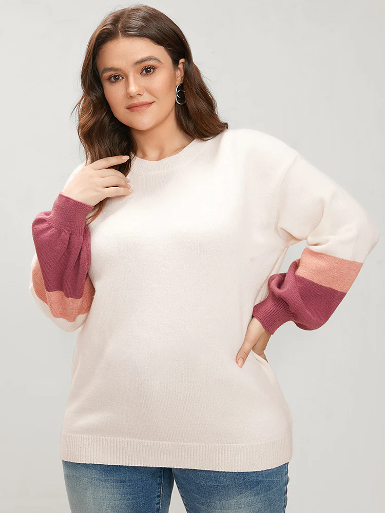 Colorblock Contrast Soft Pointelle Knit Lantern Sleeve Knit Top - Image 2