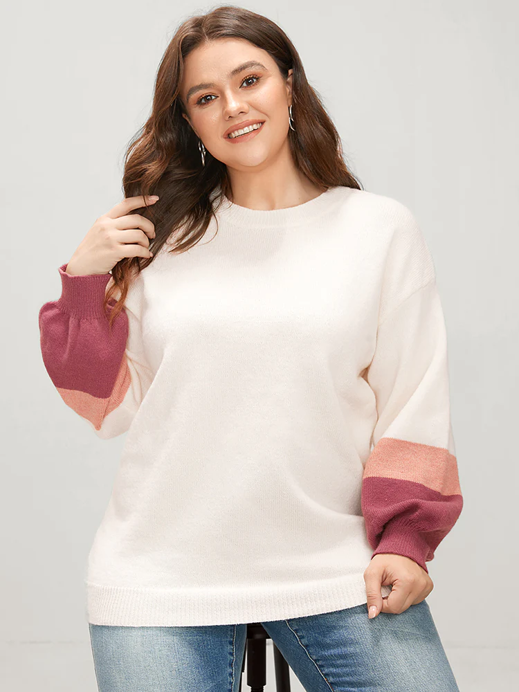 Colorblock Contrast Soft Pointelle Knit Lantern Sleeve Knit Top - Image 4