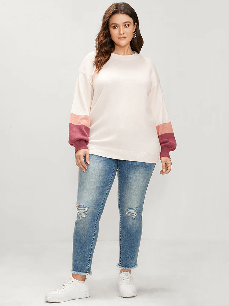 Colorblock Contrast Soft Pointelle Knit Lantern Sleeve Knit Top - Image 5