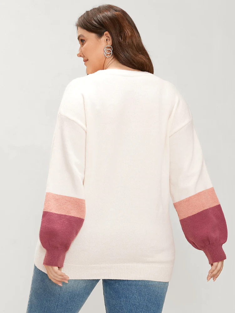 Colorblock Contrast Soft Pointelle Knit Lantern Sleeve Knit Top - Image 6